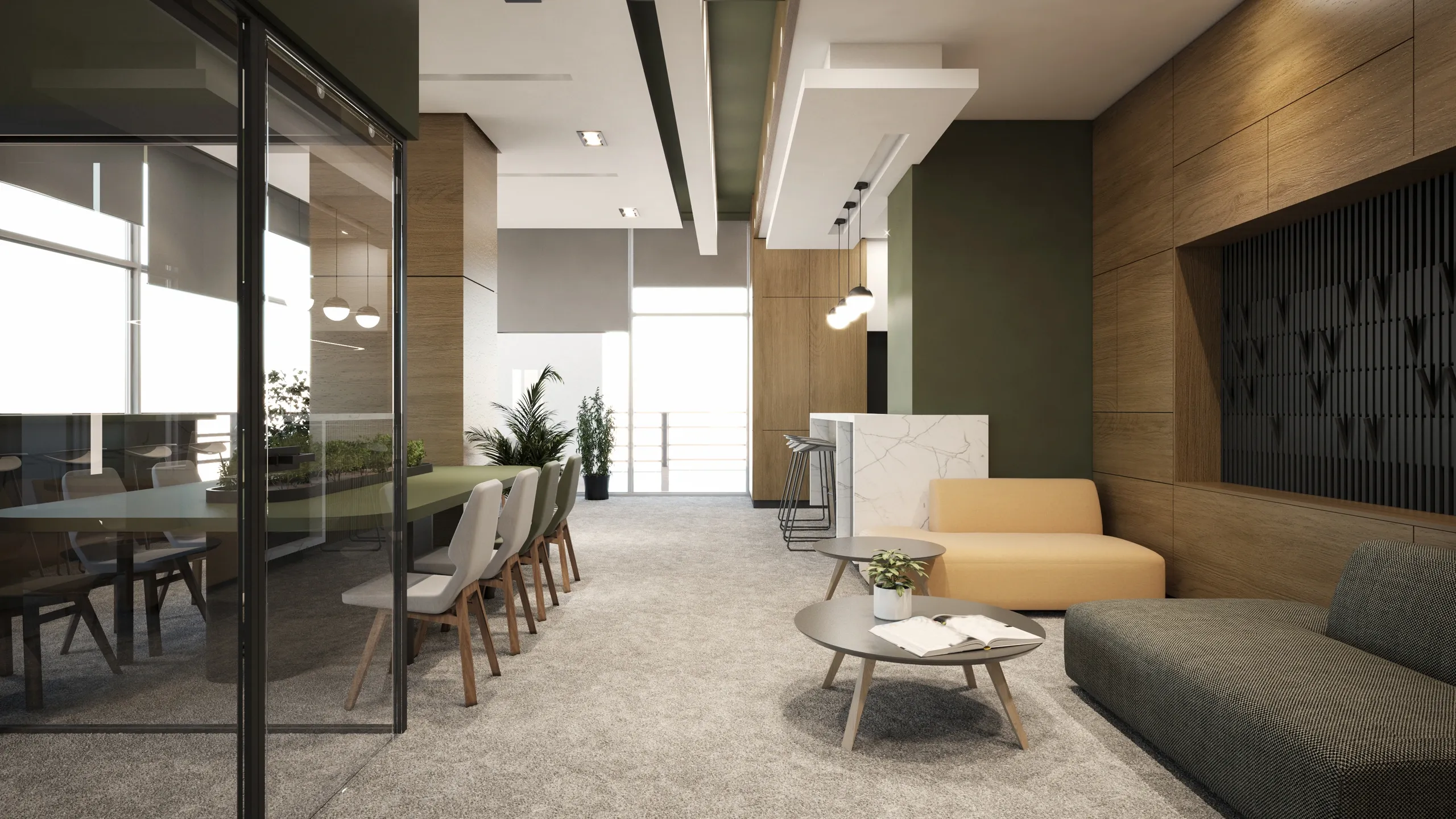 Modern office lounge with seating and plants.