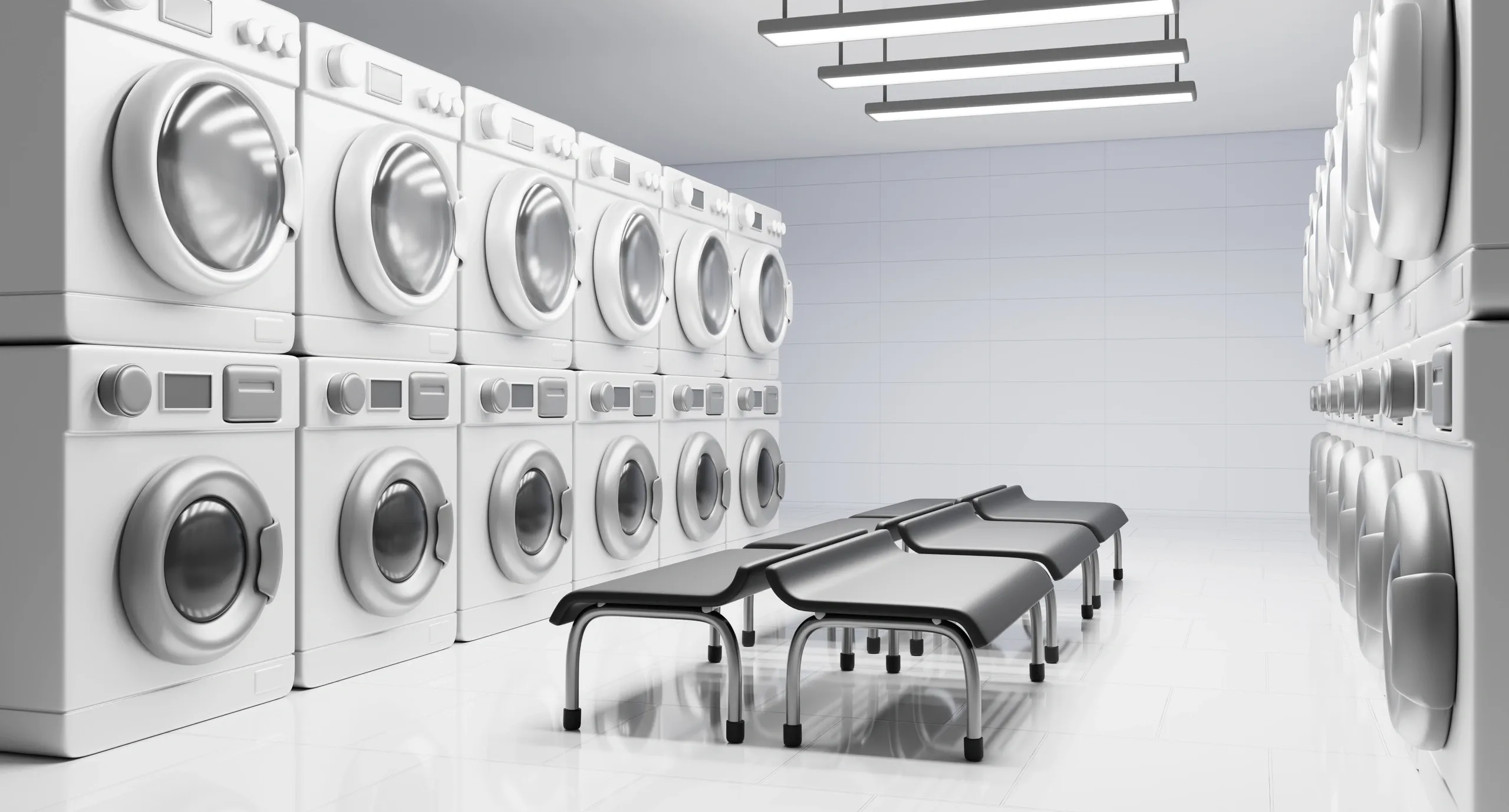 Laundry room with benches and machines.